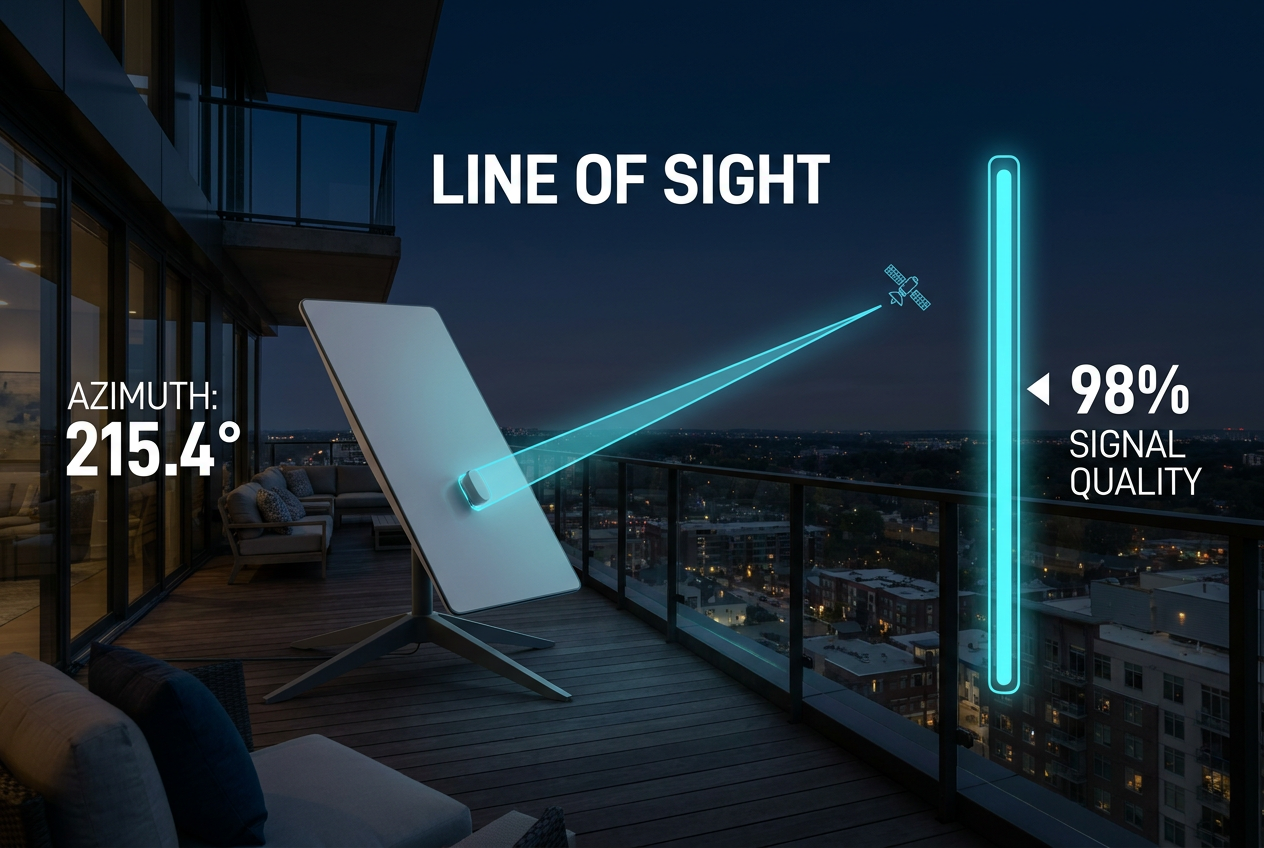 Architectural 3D diagram showing a satellite dish on a modern balcony with a clear vector line of sight path to a geostationary satellite in orbit.