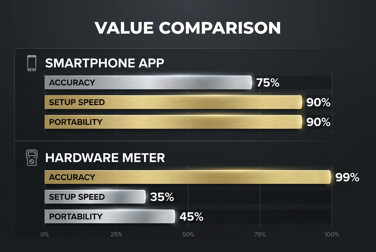 A professional horizontal bar chart comparing satellite alignment apps versus hardware meters across accuracy, speed, and portability metrics.