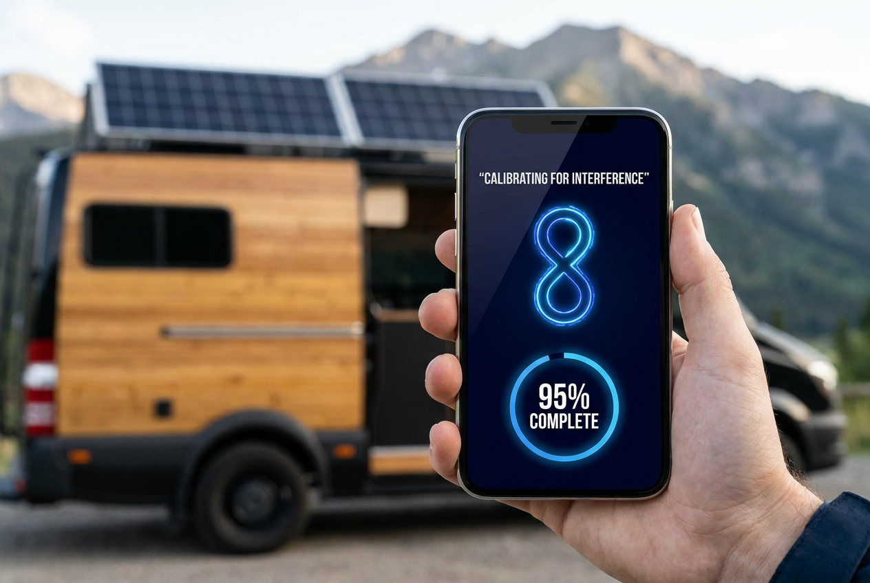 Close-up of a smartphone screen showing a figure-eight calibration animation with a progress indicator for satellite dish alignment accuracy.