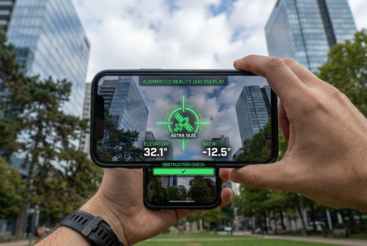 A first-person AR view on a smartphone screen showing a satellite icon locked in green crosshairs with elevation and skew data readouts.