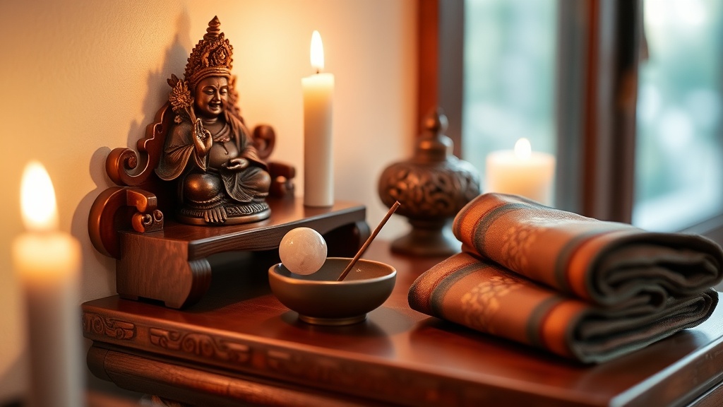 Small Tibetan Buddhist home altar with a rose quartz offering sphere and incense