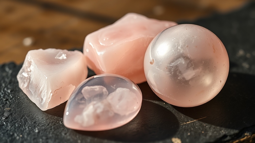 Rose quartz specimens showing different cuts and translucency levels on a slate surface