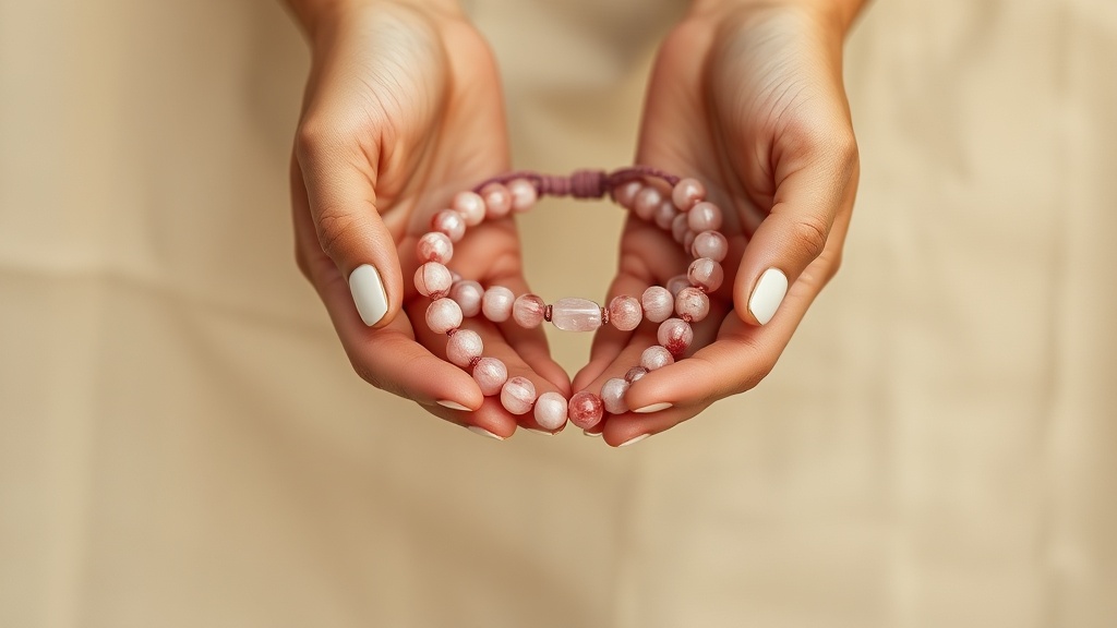 Hands holding a rose quartz mala bracelet with smooth pink beads against linen background
