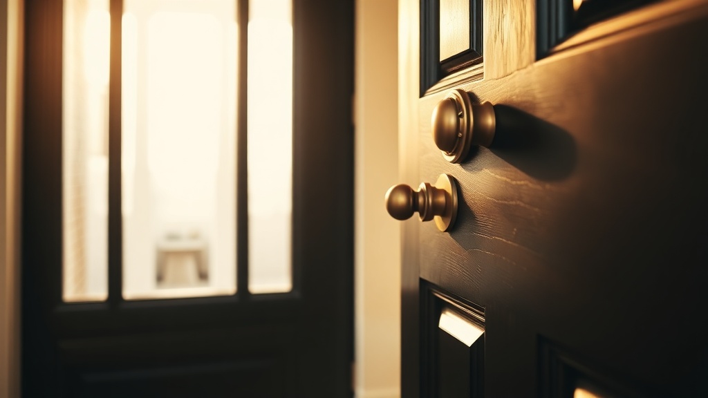Close-up of a dark wooden front door with polished brass hardware, slightly ajar, warm interior light beyond