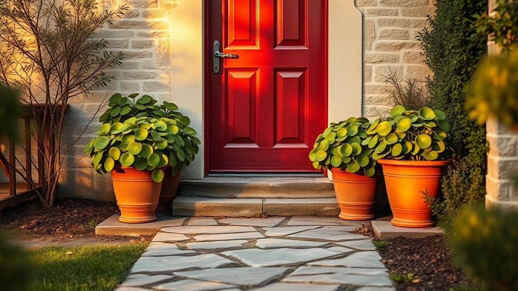 A clean stone path leading to a red front door flanked by potted green plants in warm morning light