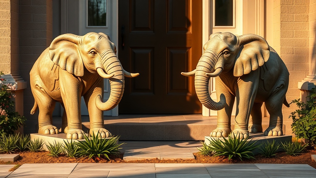 Two stone-finish elephant statues with raised trunks placed symmetrically at a front door entrance