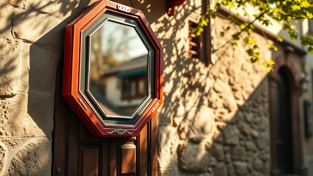 Traditional red-framed convex bagua mirror hanging above a wooden front door on an exterior stone wall