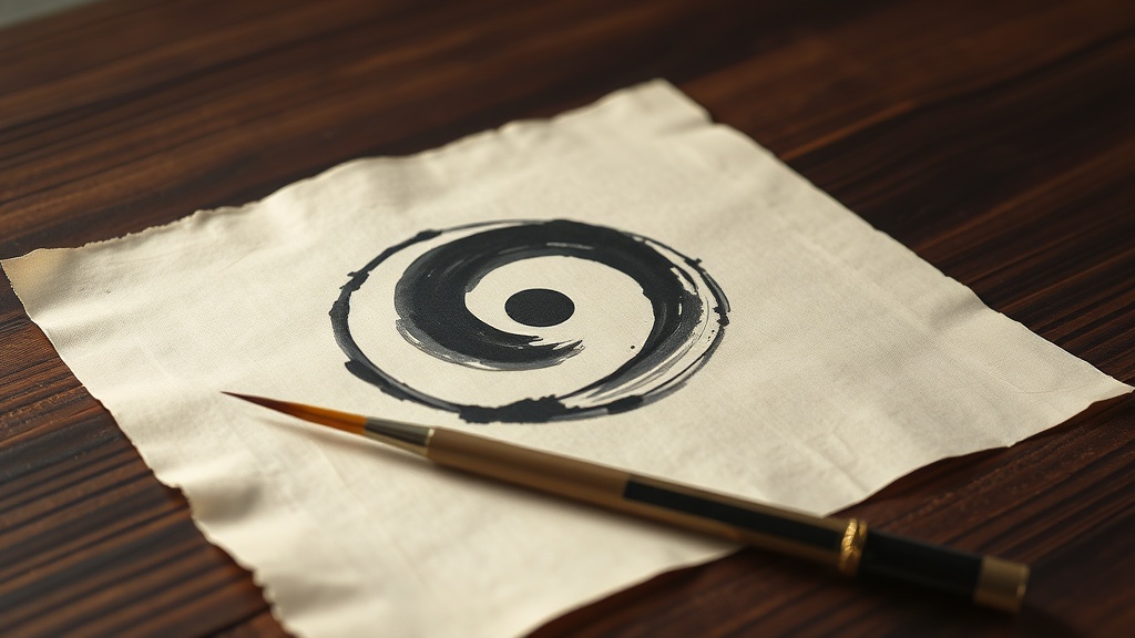 Hand-brushed I Ching trigrams on aged rice paper beside a calligraphy brush on a dark wood surface