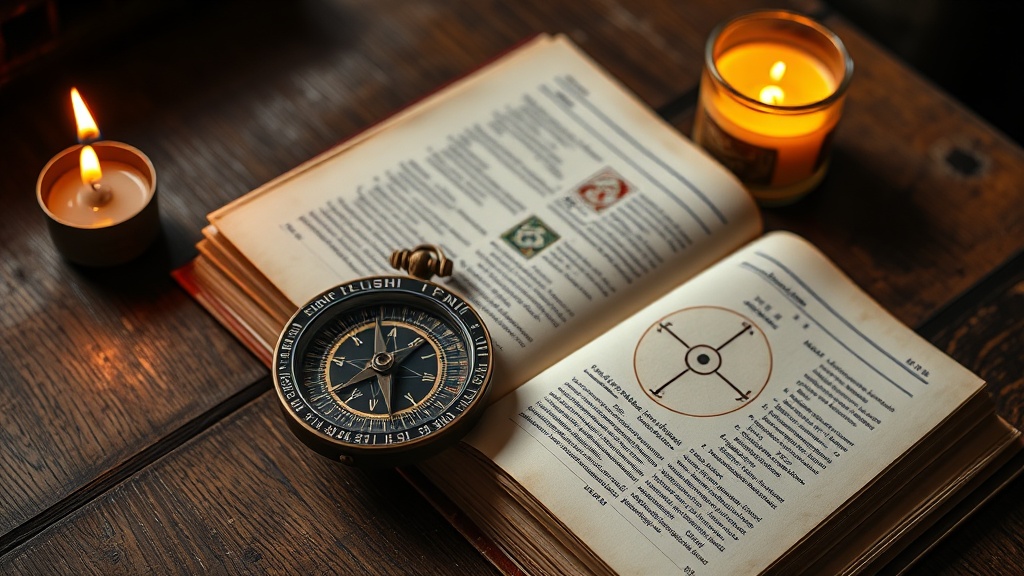 A traditional luopan feng shui compass beside an open classical feng shui book on a wooden table in warm candlelight