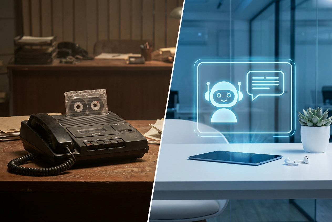 Vergelijking van oud antwoordapparaat en moderne AI telefoonassistent op een bureau