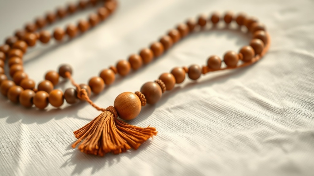 Mala de 108 perles en bois avec perle gourou et gland sur tissu lin
