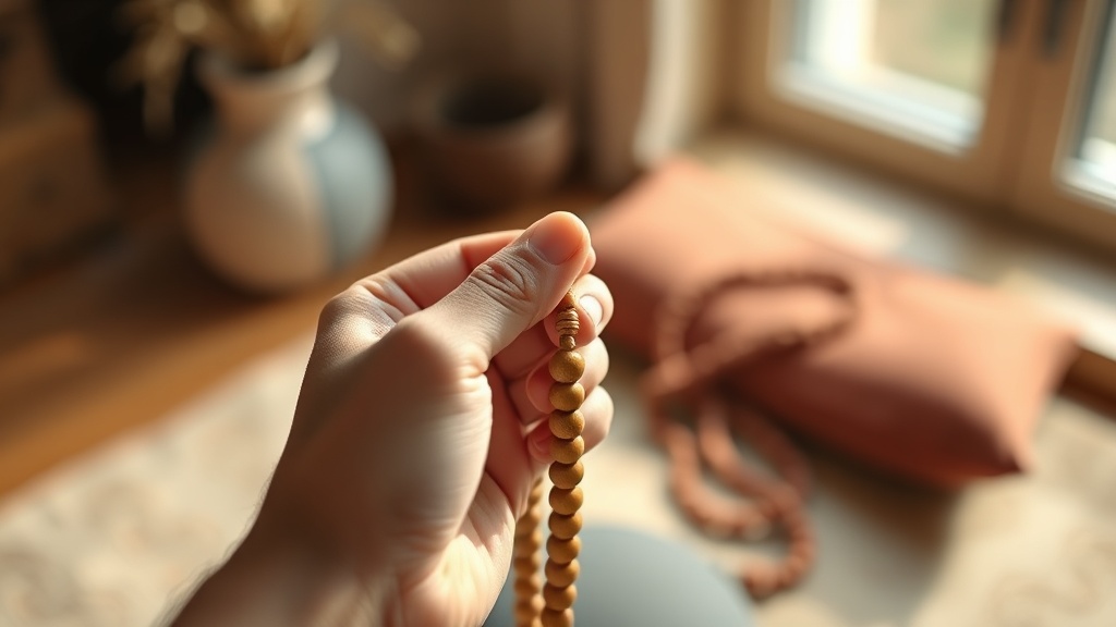 Main utilisant le pouce pour faire glisser les perles d'un mala pendant la méditation