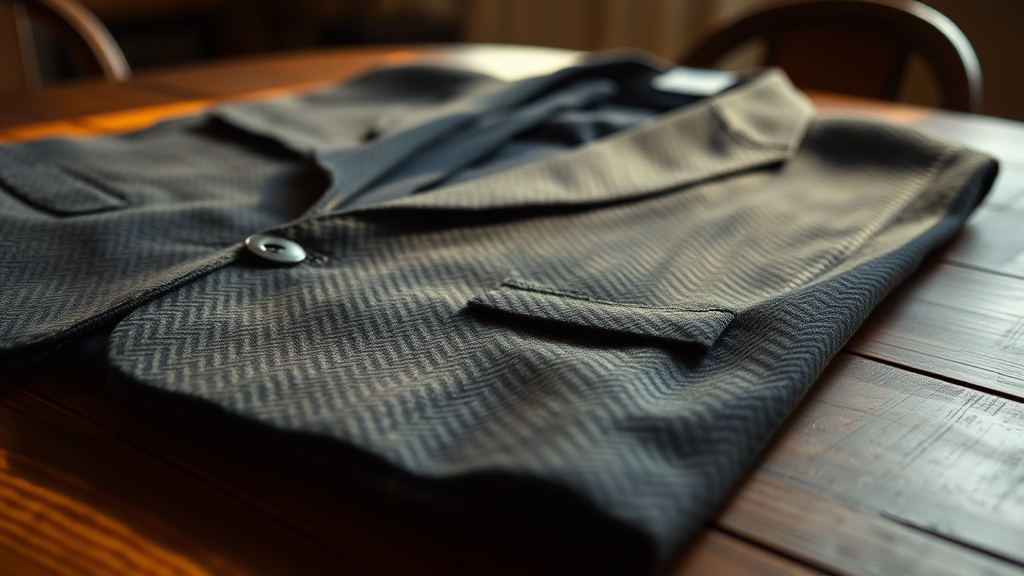 Close-up of a charcoal herringbone wool blazer showing fabric texture and natural weave detail