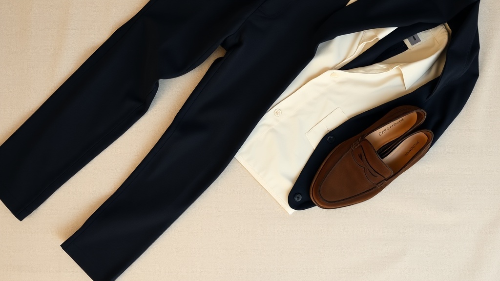 Flat lay of navy trousers, cream oxford shirt, and suede loafers arranged on a linen surface
