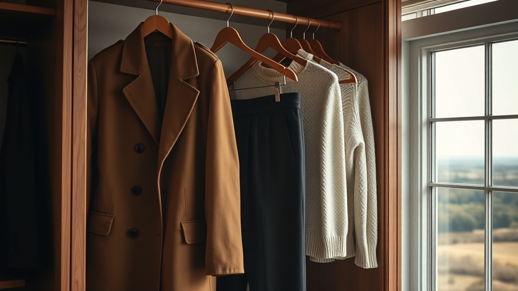 Wardrobe interior with camel coat, charcoal trousers and ivory knitwear on wooden hangers