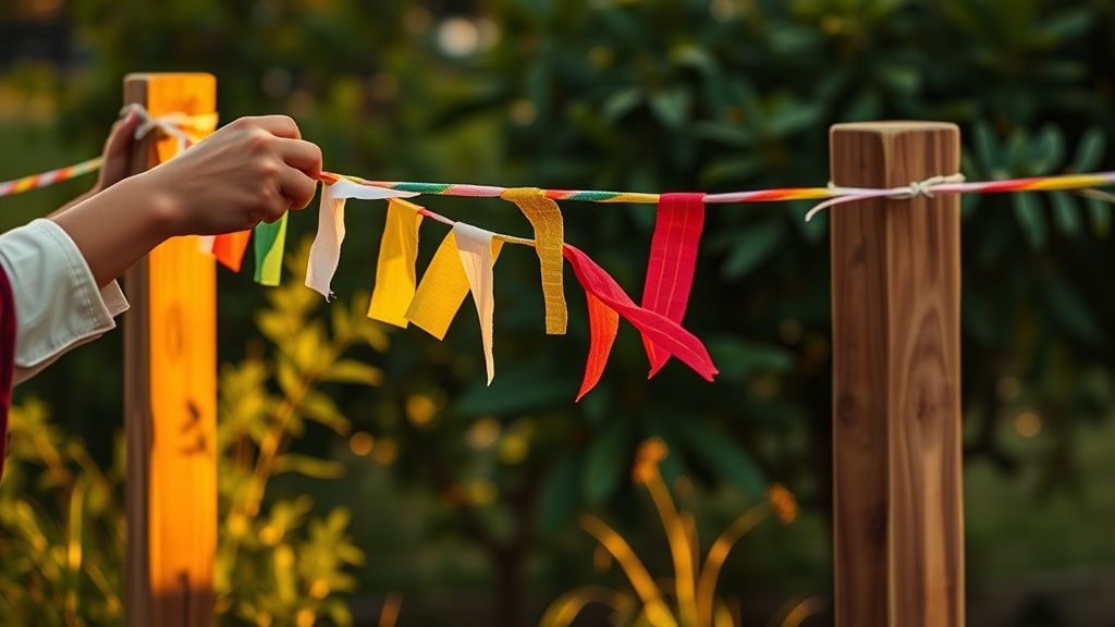 Hands securing a diagonal string of colorful prayer flags between two wooden garden posts at golden hour