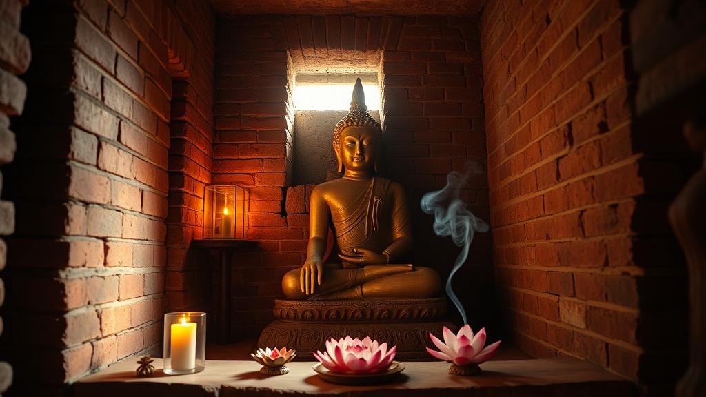 Statue de Bouddha en bhumisparsha mudra dans une niche du temple Dhammayanzika, avec offrandes de lotus