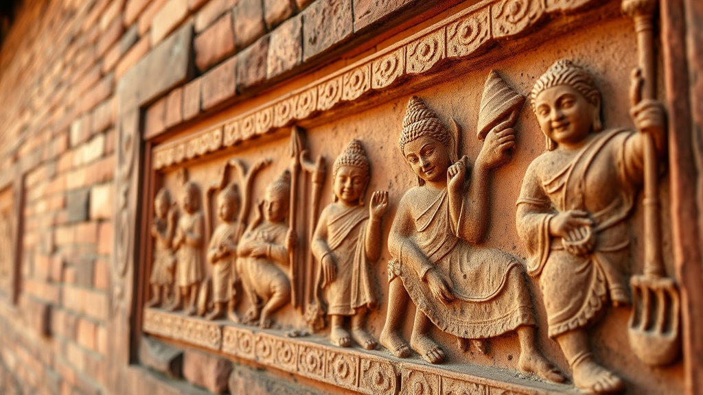 Panneaux en terre cuite représentant des scènes de Jataka sur les soubassements du temple