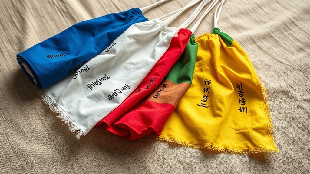 Five Tibetan prayer flags in traditional color order, blue, white, red, green, yellow, showing block-printed Tibetan script on aged cotton
