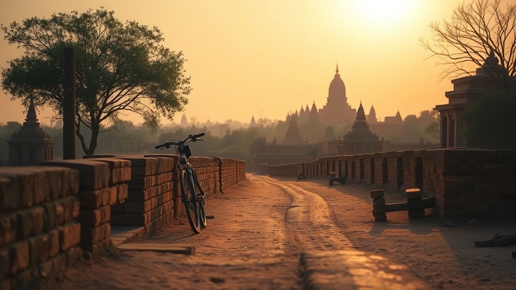 Chemin menant aux temples de Bagan à l'aube, plaine archéologique du Myanmar