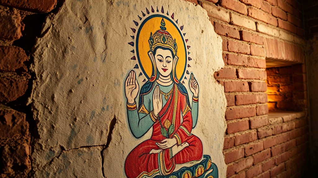 Fresque murale d'un Boddhisattva aux parures élaborées dans un temple de Bagan, pigments ocre et bleu