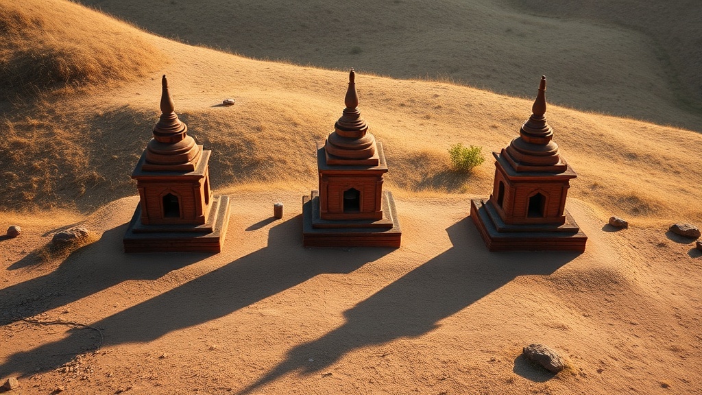 Les trois stupas de brique rouge du temple Payathonzu alignés sur la plaine de Bagan