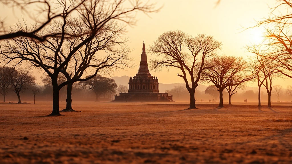 Vue de la plaine de Bagan au lever du soleil avec les temples en brique rouge à l'horizon