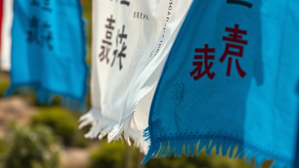 Weathered and sun-faded Tibetan prayer flags with fraying edges blowing gently in an outdoor breeze