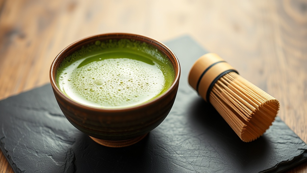 Bol de matcha japonais avec mousse verte et fouet en bambou chasen sur ardoise sombre