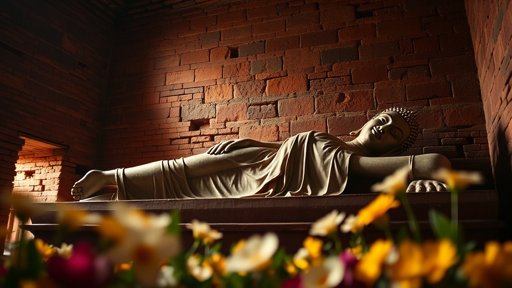 Bouddha couché en parinirvana dans le sanctuaire arrière du temple de Manuha