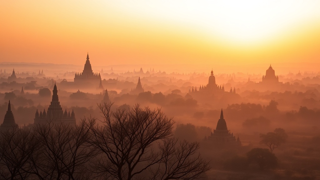 Plaine de Bagan au lever du soleil avec pagodes et temples en arrière-plan, Birmanie