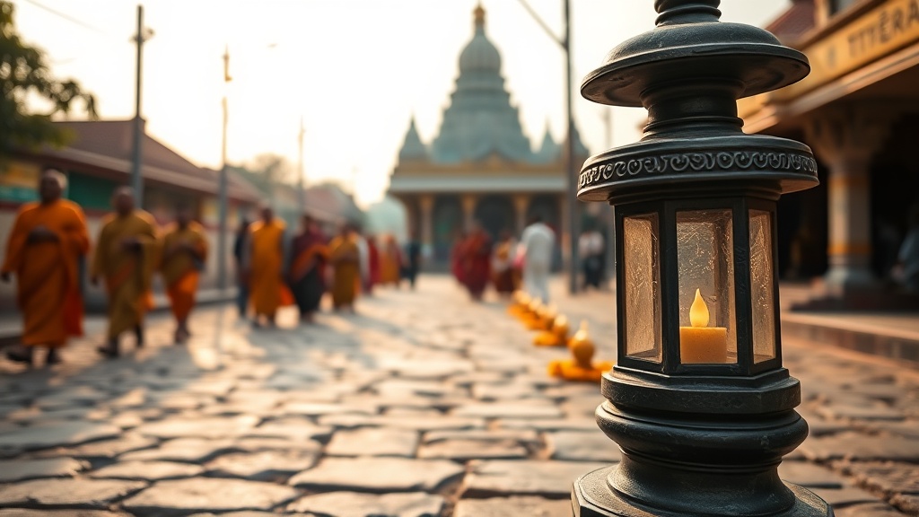 Allée menant au temple de la Mahabodhi à Bodh Gaya, lampes à beurre et offrandes de fleurs sur les marches de pierre