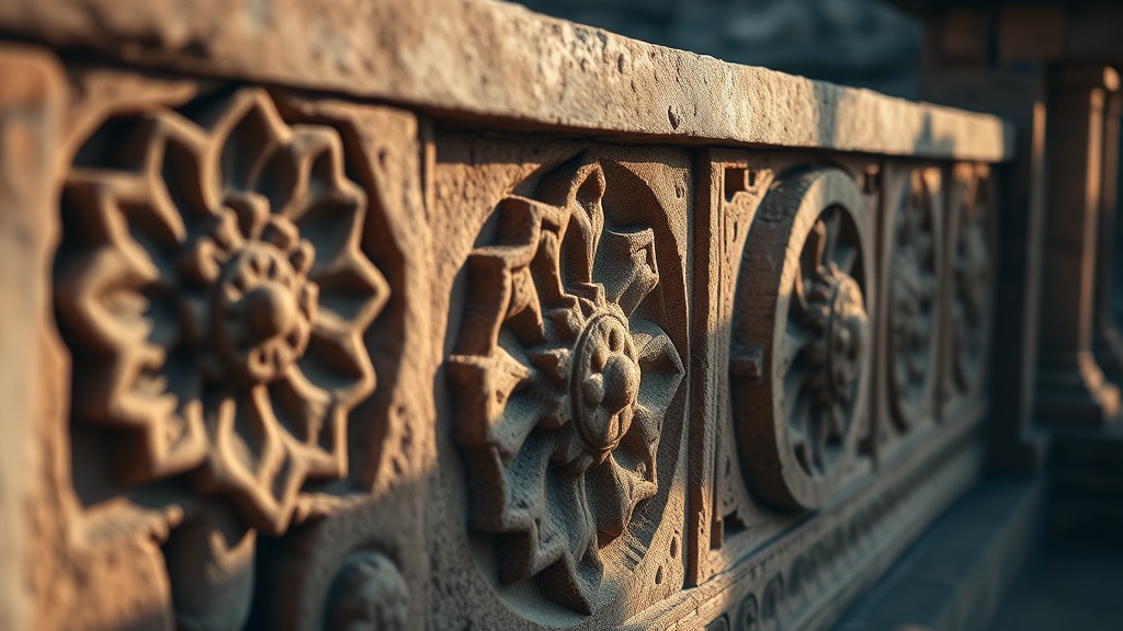 Bas-relief en grès de l'enceinte du temple de la Mahabodhi, représentant une roue du Dharma et des motifs de lotus