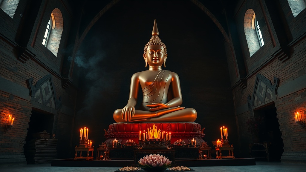 Statue de Bouddha assis monumentale dans la salle étroite du temple de Manuha, Bagan