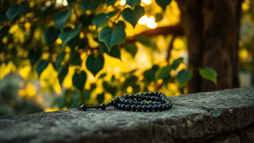 Chapelet mala posé sur une pierre près des racines de l'Arbre de la Bodhi à Bodh Gaya