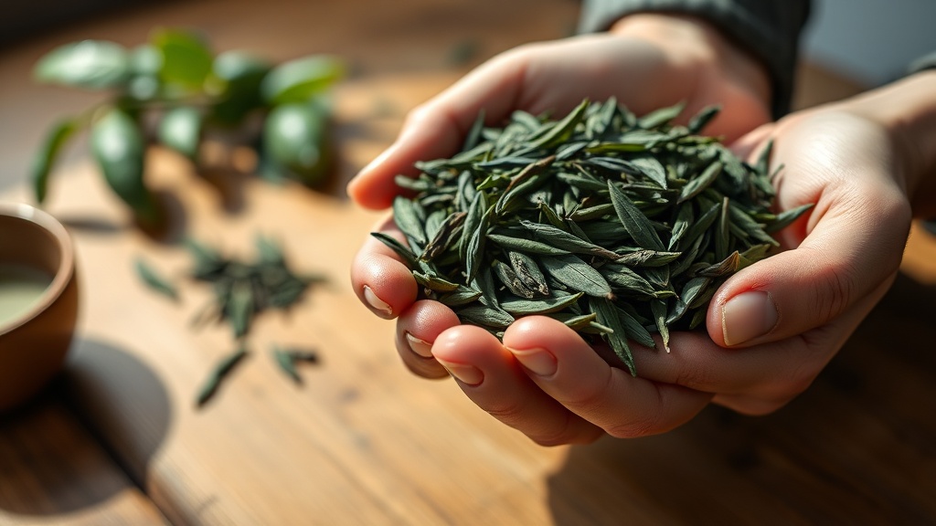Feuilles de sencha japonais en aiguilles sombres tenues dans les mains, prêtes à être infusées