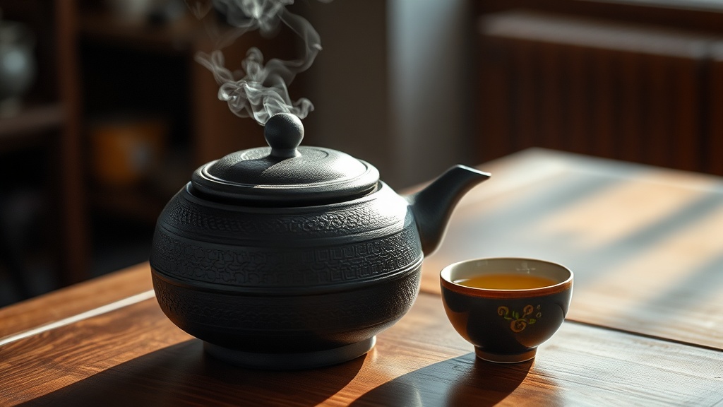 Théière en fonte japonaise noire avec vapeur et tasse de thé vert sur table en bois