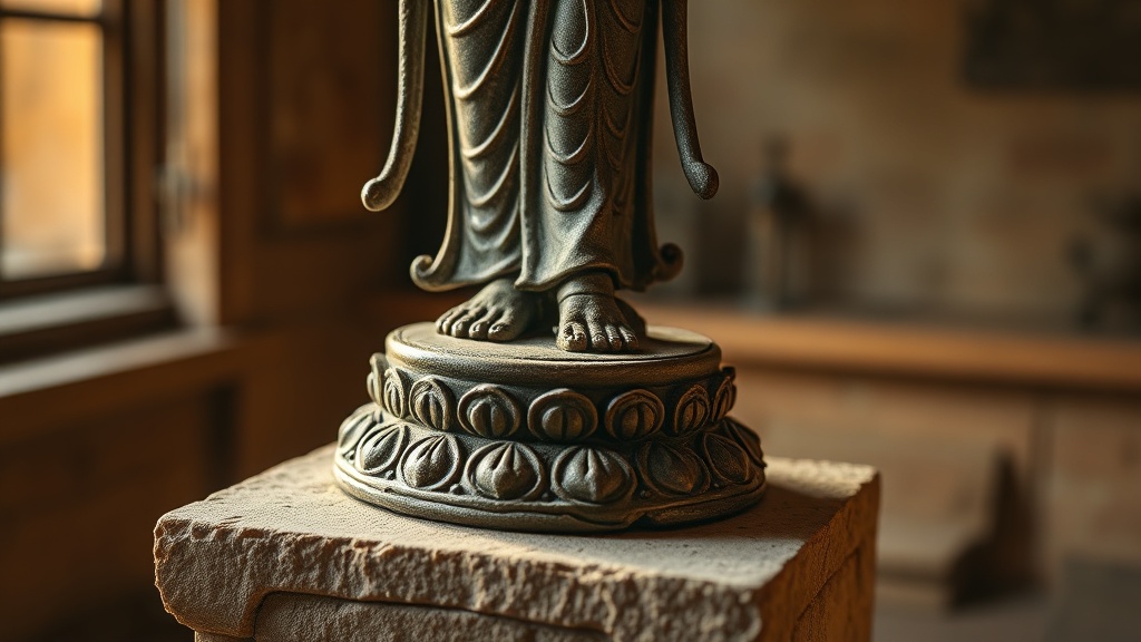 Ancient stone Tara sculpture with lotus base and ornamental jewelry detail, warm museum lighting