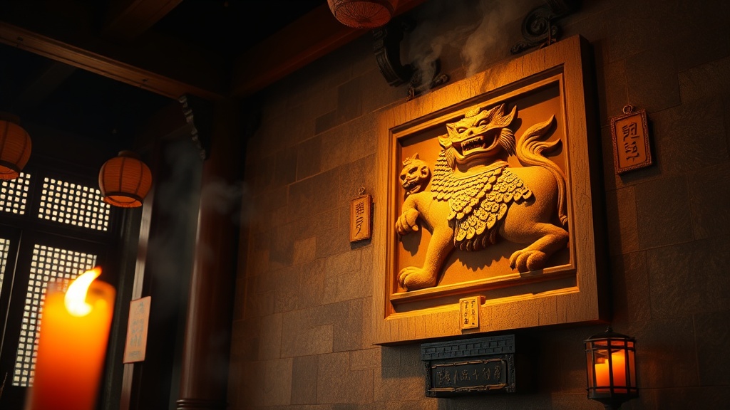Stone guardian beast relief on a Chinese Buddhist temple wall lit by warm candlelight