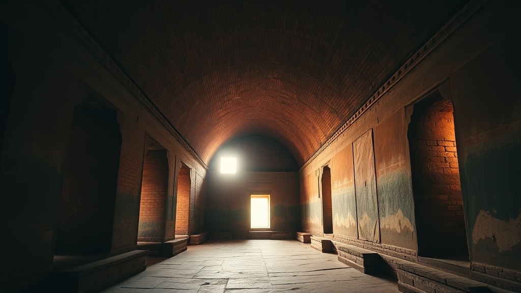 Galerie voûtée intérieure du temple Sulamani avec fresques médiévales sur les parois en brique