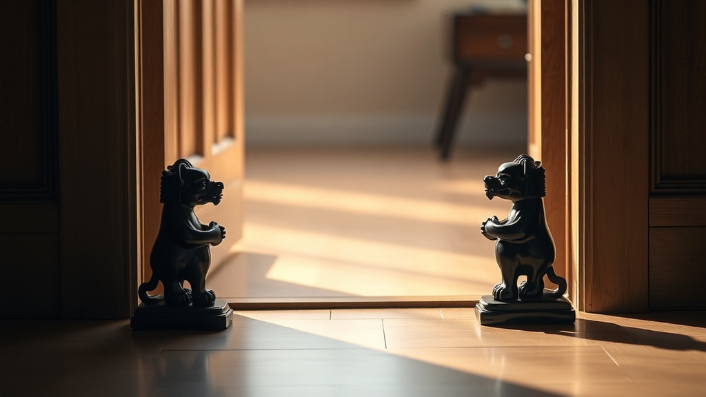 Two obsidian pi xiu figurines placed symmetrically at a home entrance threshold