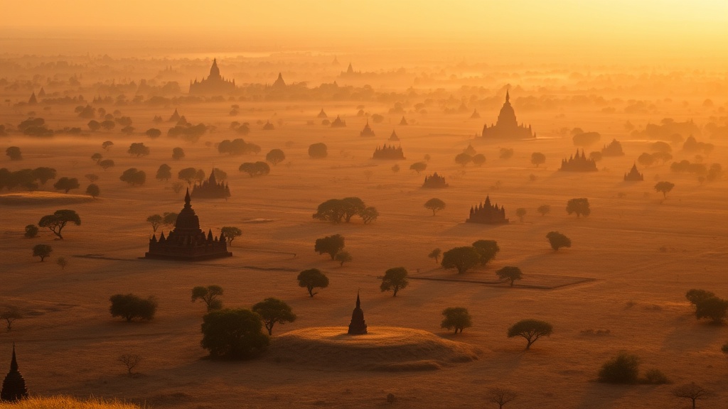 Vue panoramique de la plaine de Bagan au Myanmar avec ses temples en brique au lever du soleil