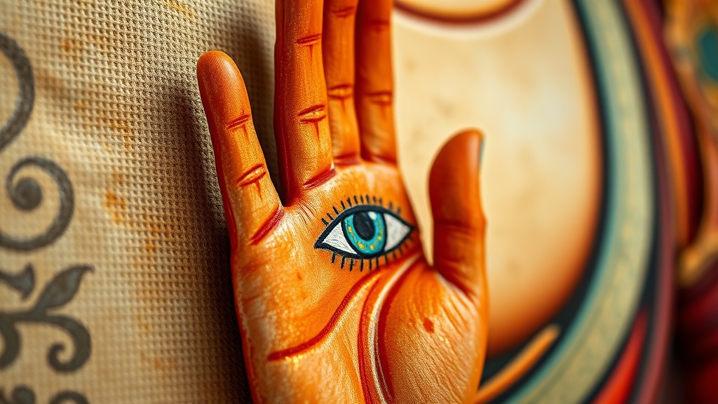 Close-up detail of White Tara thangka painting showing the eye on the palm in varada mudra gesture