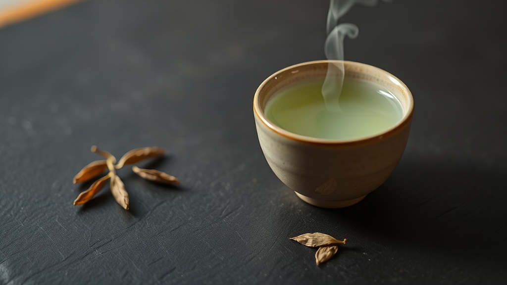Tasse de gyokuro à la liqueur vert jade pâle avec un léger nuage de vapeur
