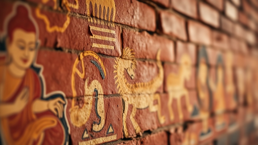 Détail de fresque Jâtaka du XIIe siècle sur un mur en brique de Sulamani, Bagan