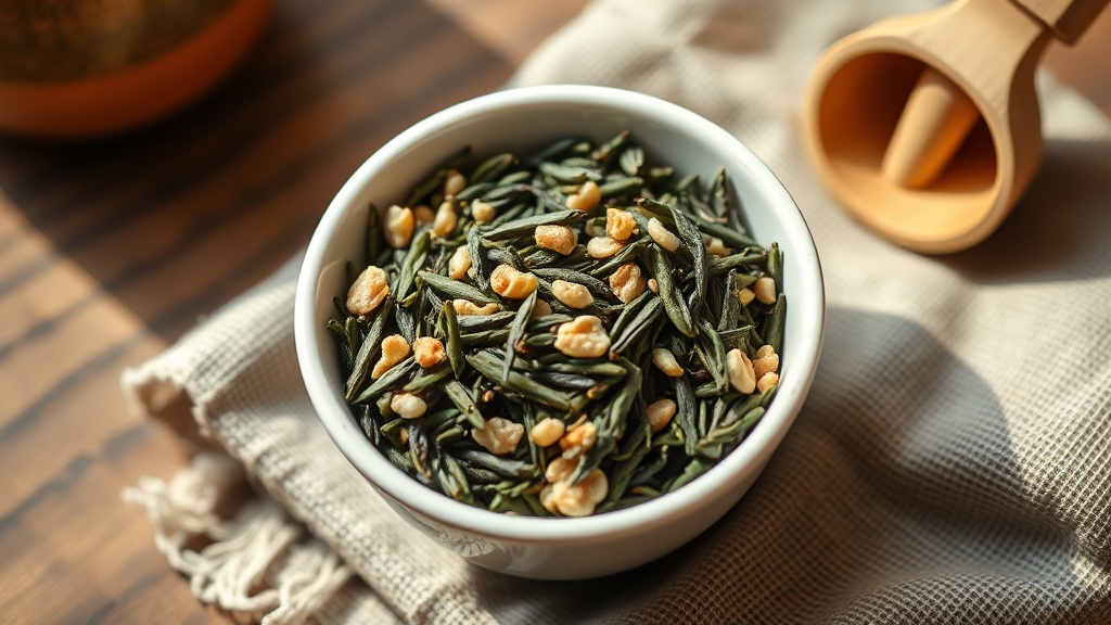 Genmaicha en vrac dans un bol blanc mêlant feuilles de thé vert et grains de riz soufflé dorés