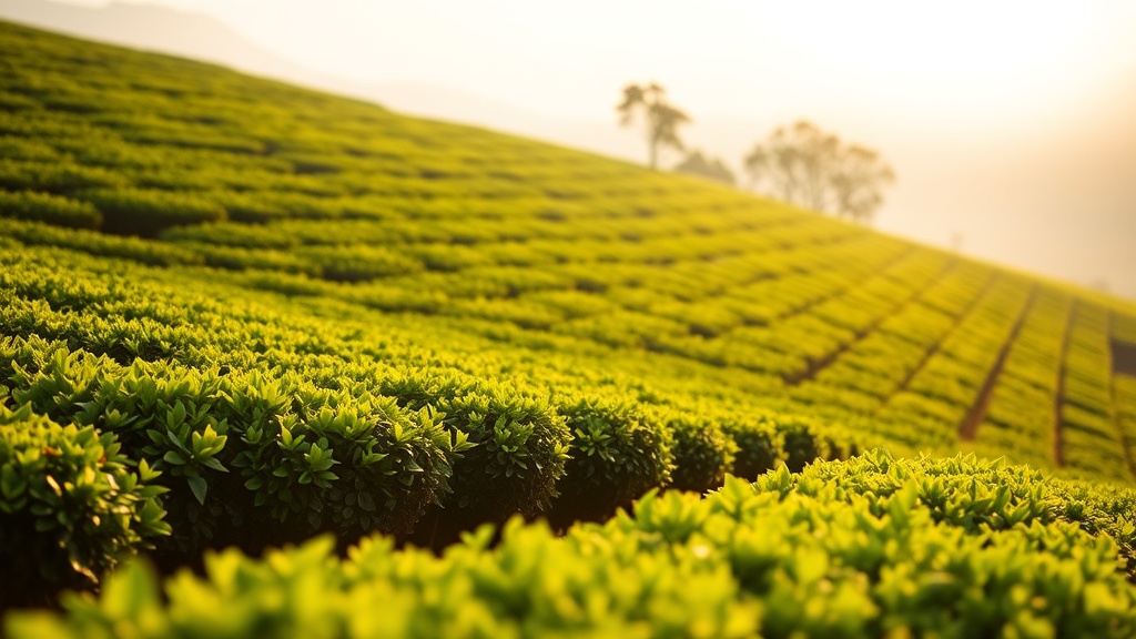 Rangées de théiers verts dans une plantation japonaise à Uji, lumière dorée de fin d'après-midi