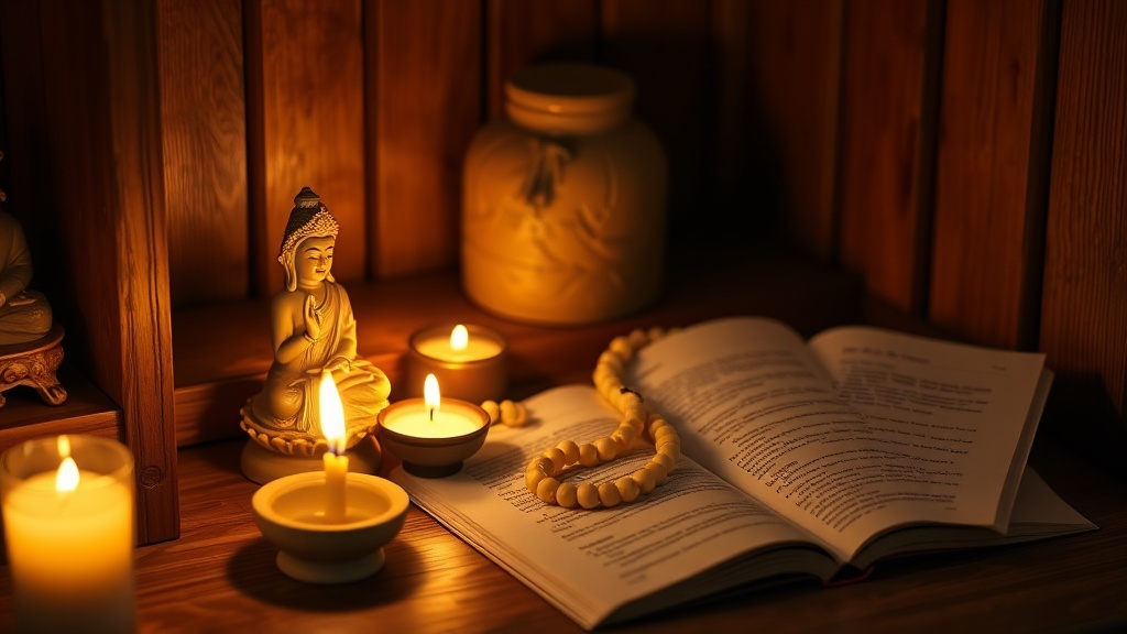 Intimate meditation altar with White Tara figurine, sandalwood mala beads, butter lamp and Tibetan prayer text