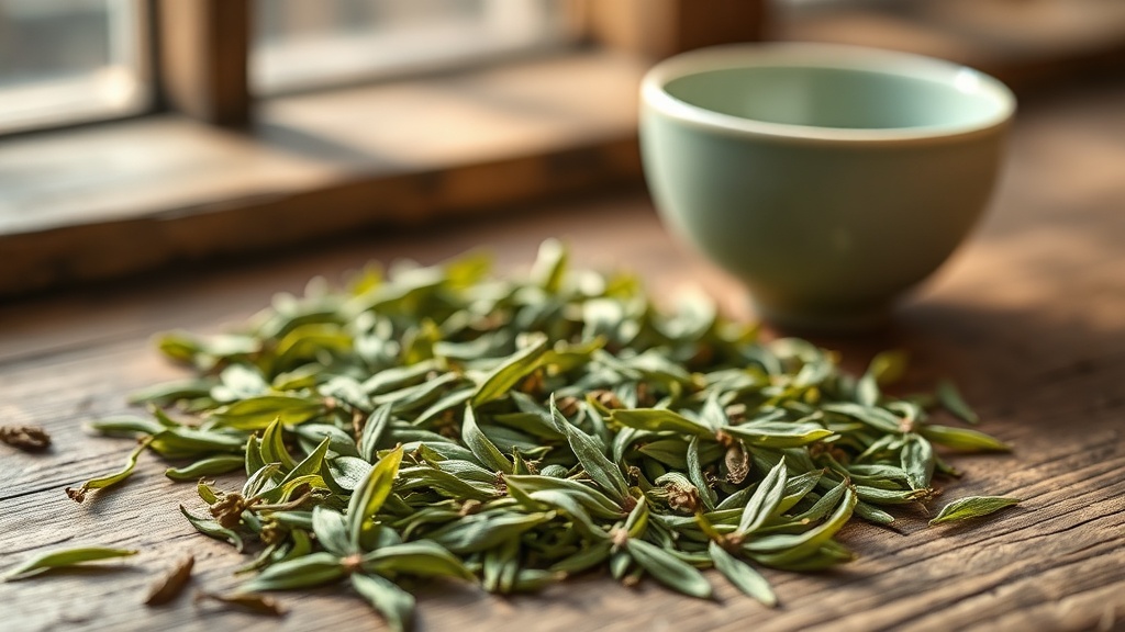 Feuilles plates de Longjing séchées sur une surface en bois avec une tasse céladon
