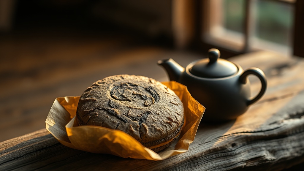 Galette de pu-erh compressée posée sur du bois ancien avec une petite théière en céramique sombre